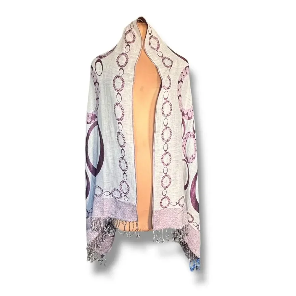 Purple‎ Reversible Geometric Circle Print Fringe Shawl Scarf Wrap Versatile